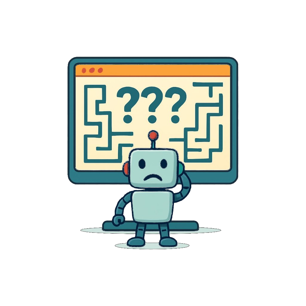 A confused robot in front of a maze